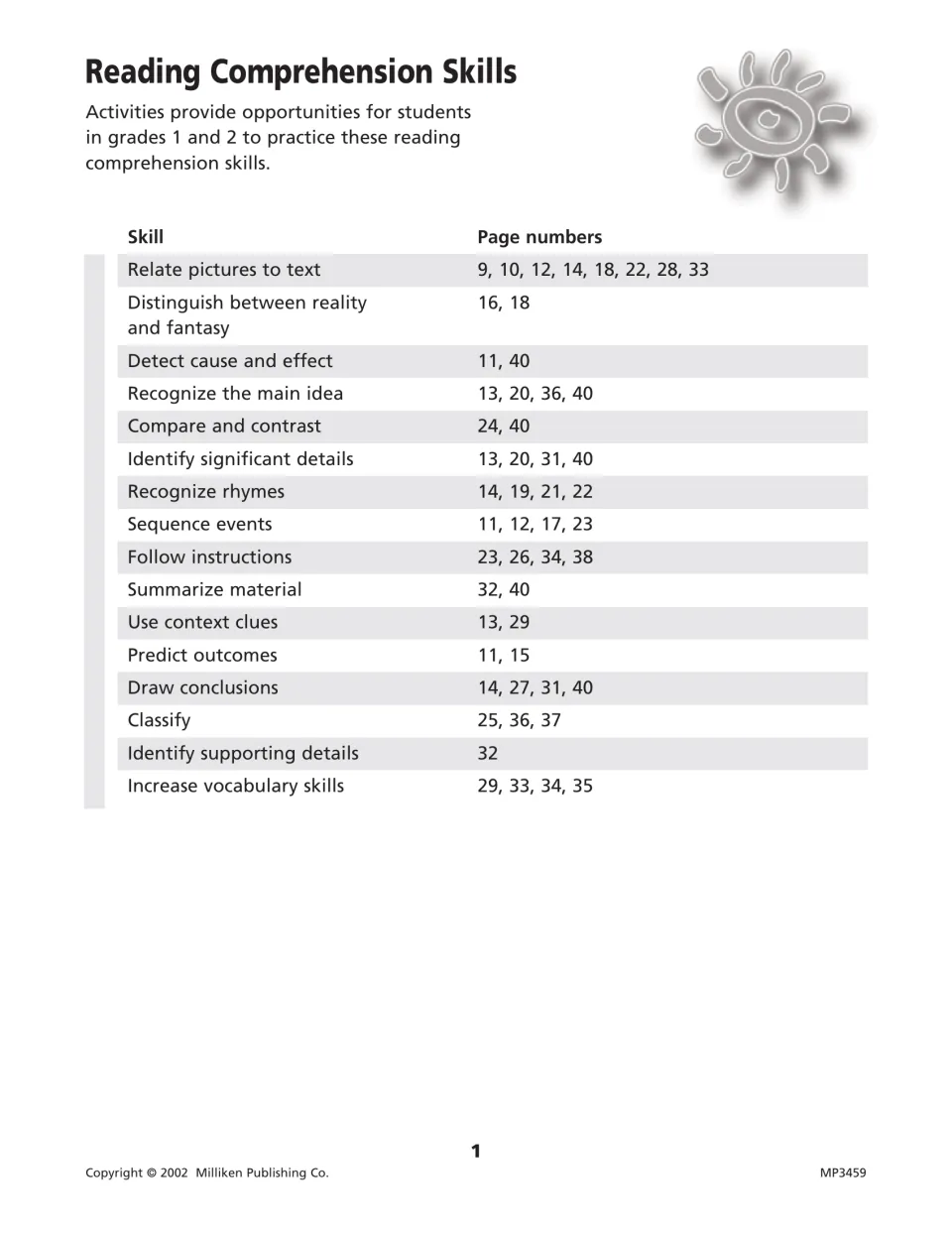 Reading comprehension skills chart matching skills like sequence events, predict outcomes and classify to page numbers