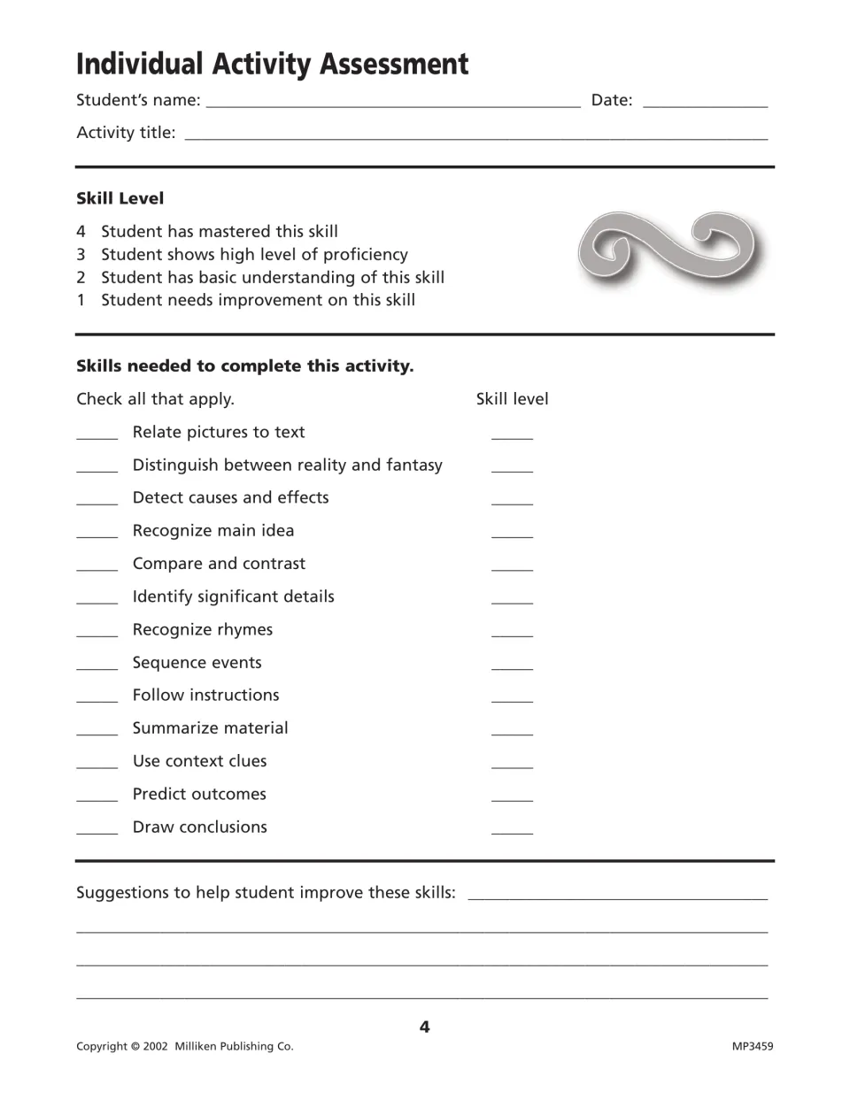 Individual Activity Assessment form: teacher checks the skills an activity used and rates each 1-4, with suggestions