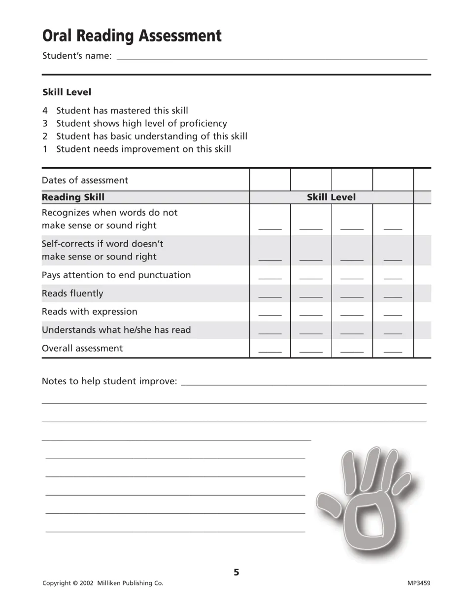 Oral Reading Assessment form rating fluency, expression, self-correcting and end punctuation on a 1-4 scale for four dates