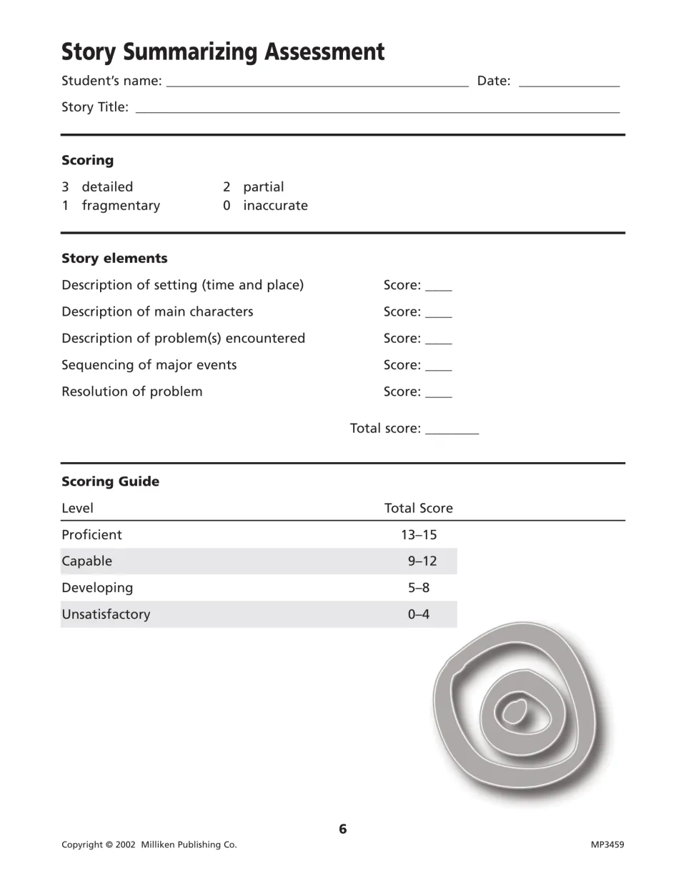 Story Summarizing Assessment: score setting, characters, problem, event sequence and resolution 0-3, with a scoring guide