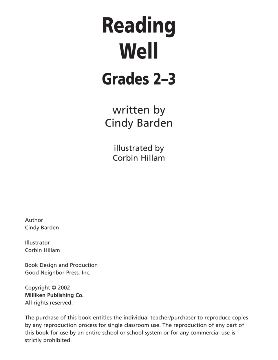 Title page naming author Cindy Barden and illustrator Corbin Hillam, with 2002 copyright and single-classroom copy terms