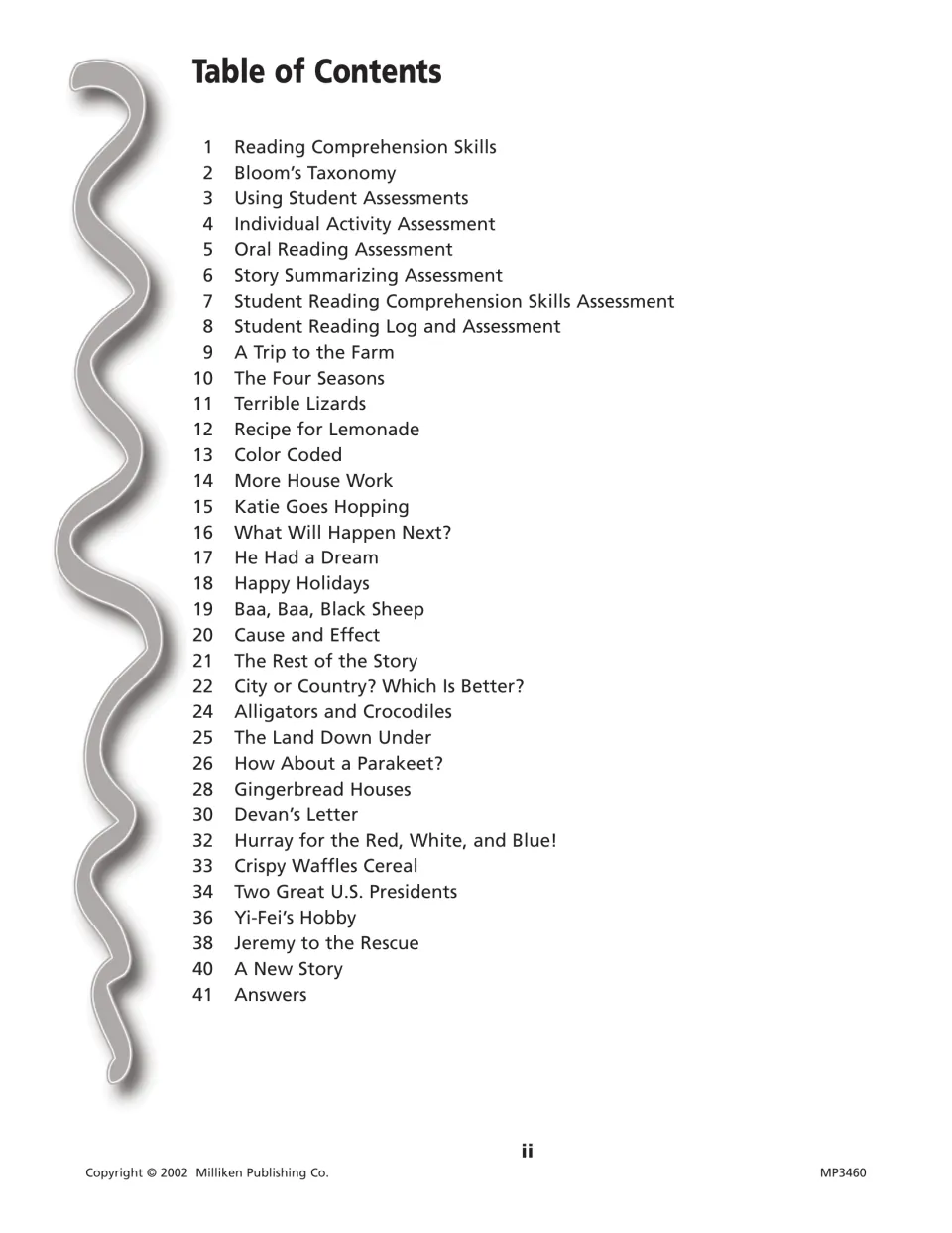 Table of contents listing assessment forms and stories such as A Trip to the Farm, Terrible Lizards and Devan's Letter