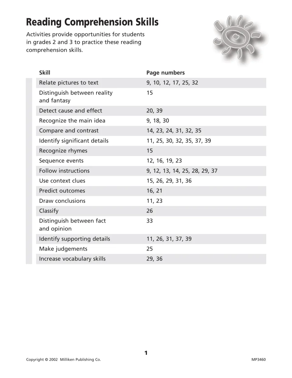 Reading comprehension skills chart matching cause and effect, sequencing, context clues and more to activity page numbers
