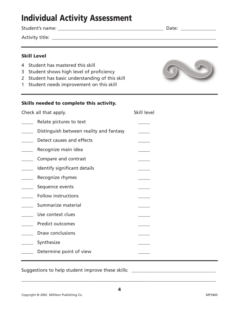 Individual activity assessment form: teacher checks the skills an activity used and rates each on a 1 to 4 skill level
