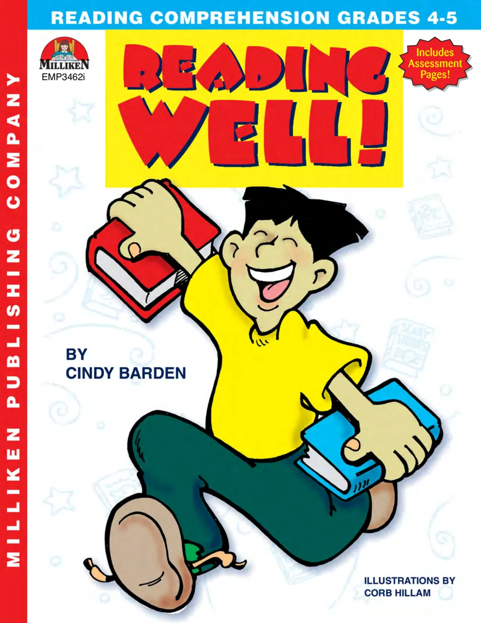 Reading Well! reading comprehension book for grades 4-5 by Cindy Barden, cover with a boy running with two books