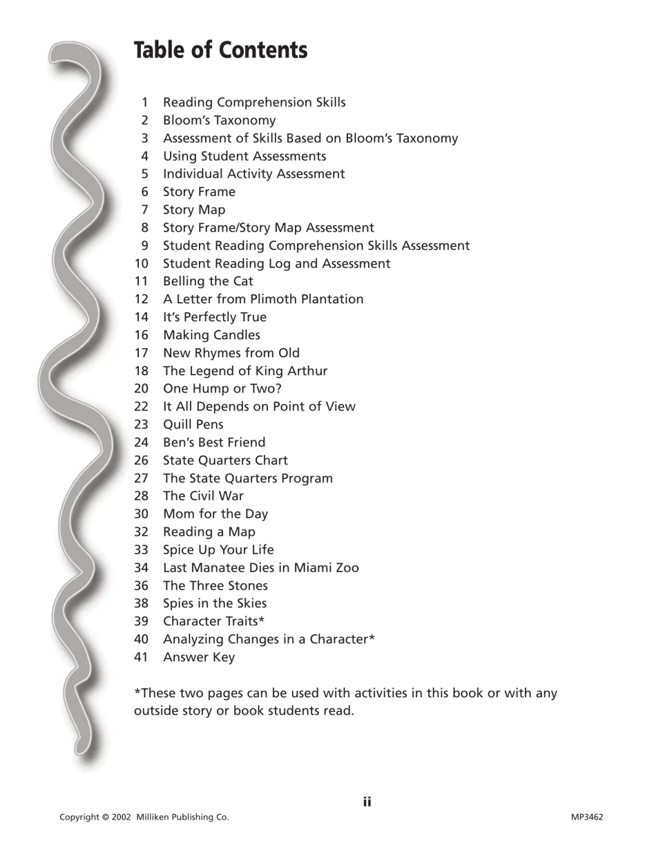 Table of contents: assessment forms, story frame and map, 19 activities such as 'Belling the Cat', answer key