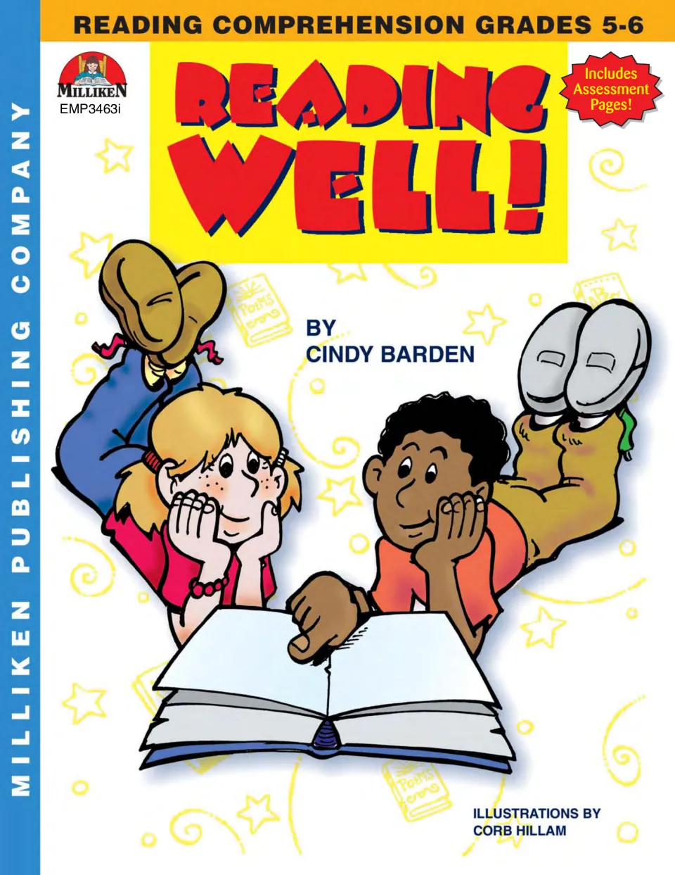 Reading Well! cover, reading comprehension grades 5-6 by Cindy Barden: two kids lie reading an open book; assessment pages
