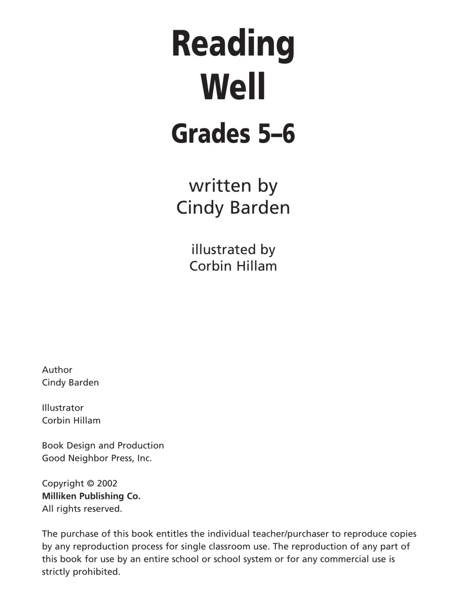 Title page naming author Cindy Barden and illustrator Corbin Hillam, with 2002 Milliken copyright and copying permission