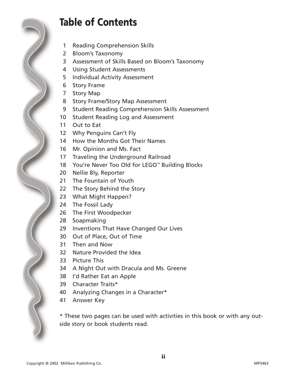 Table of contents: assessment forms, story frame and map, stories like Why Penguins Can't Fly, and the answer key