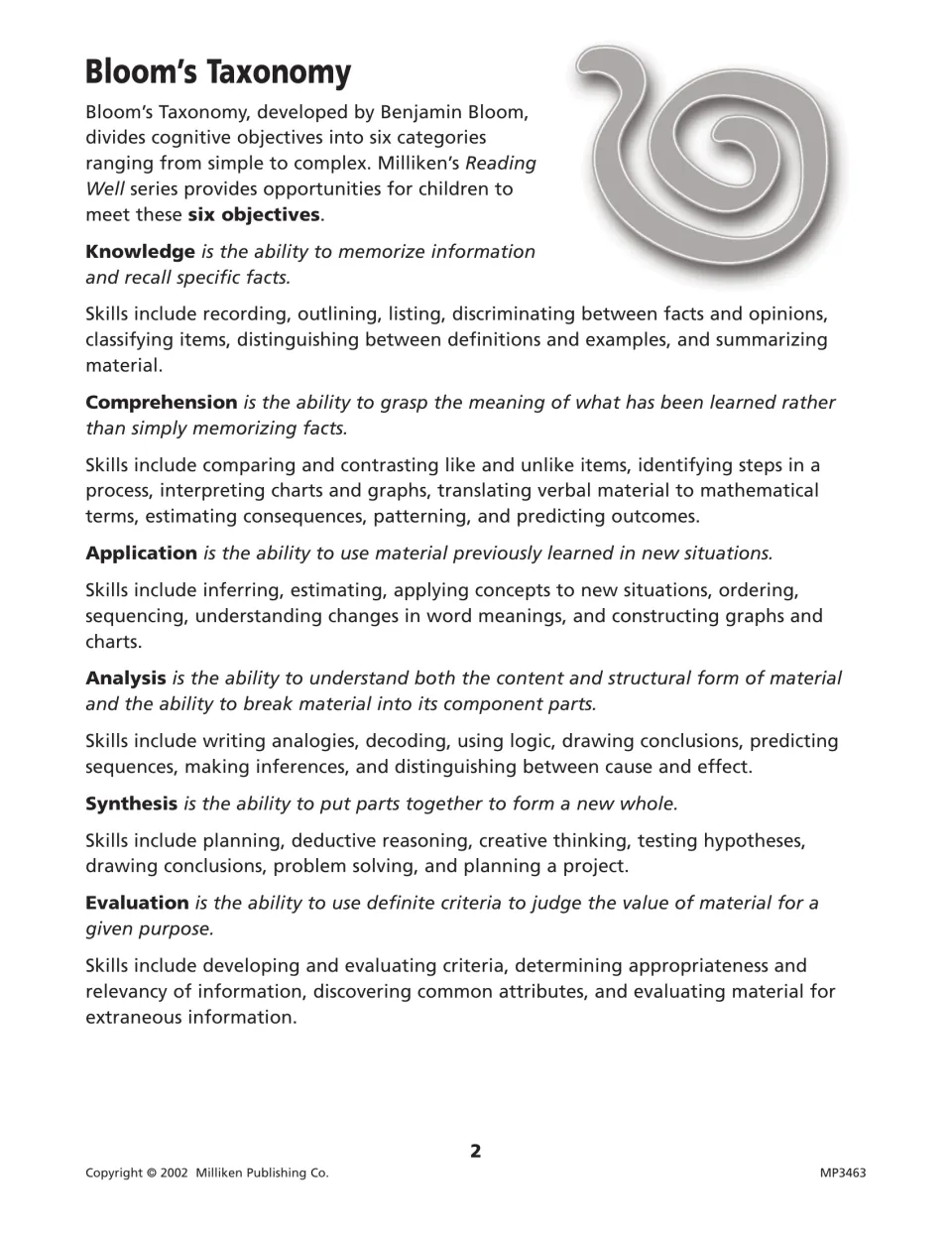 Bloom's Taxonomy explained: knowledge, comprehension, application, analysis, synthesis and evaluation, each with its skills