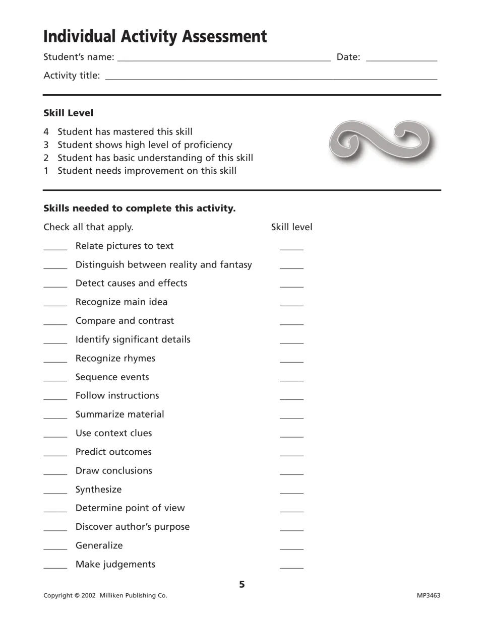 Individual activity assessment: check the skills an activity uses, such as sequencing or context clues, and rate each 1 to 4
