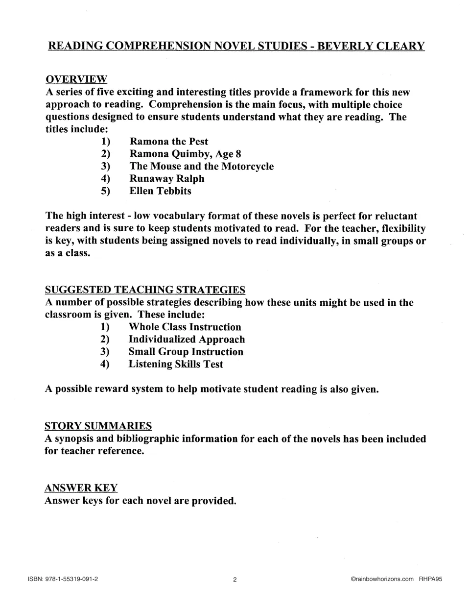 Novel study overview lists five Beverly Cleary books, teaching strategies, story summaries, and answer keys