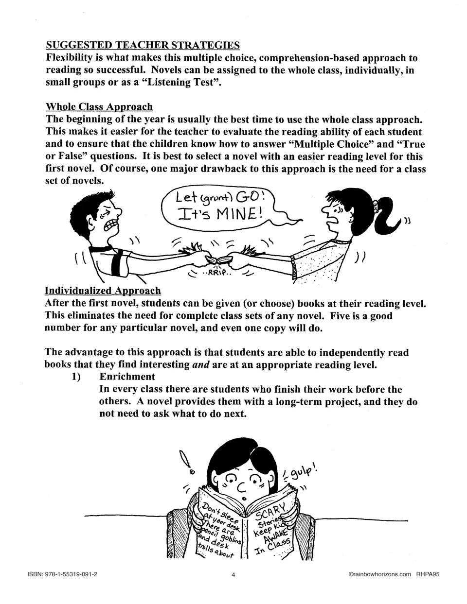 Teacher guidance explains whole-class and individualized novel study approaches, including enrichment