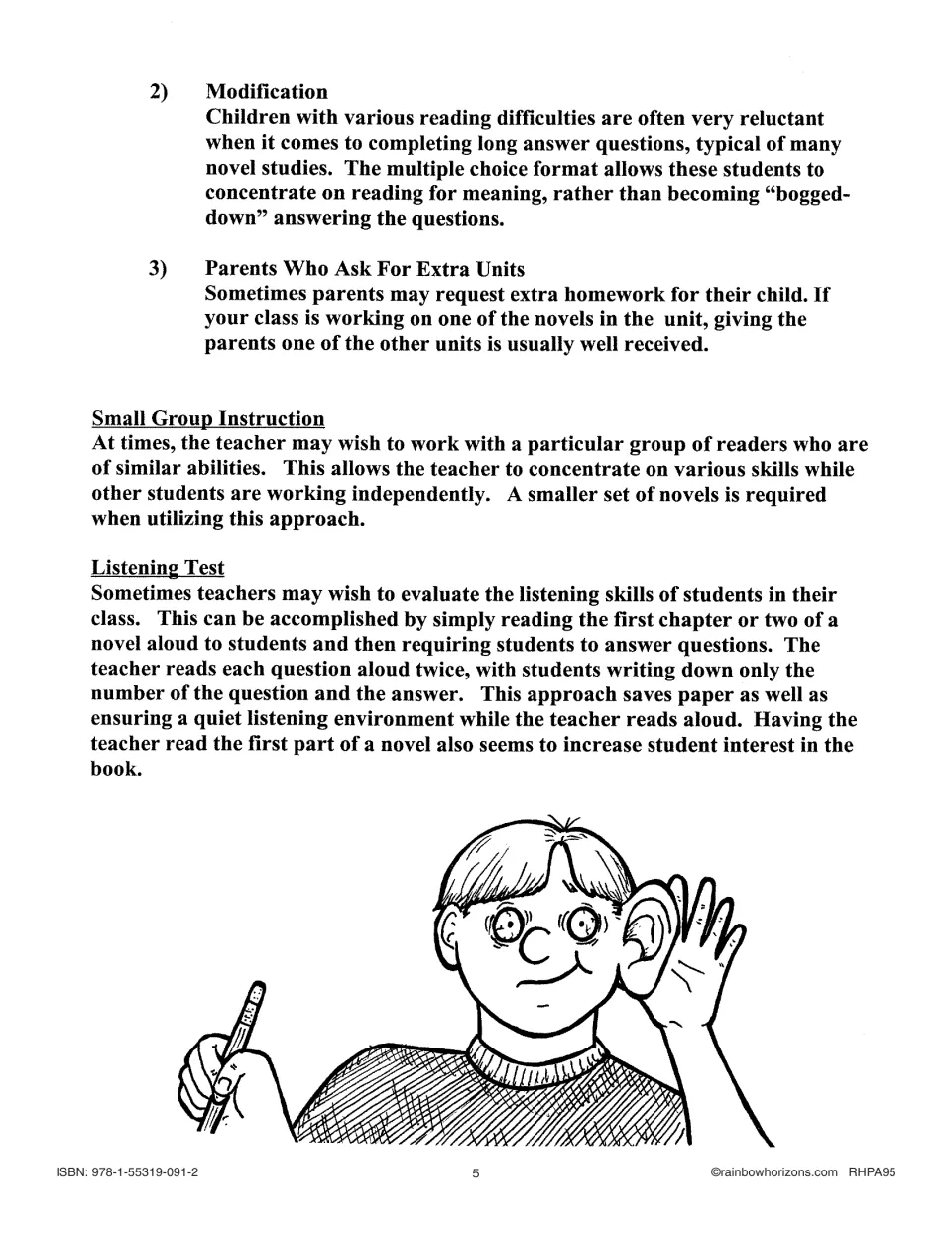 Teacher strategies cover reading modifications, extra homework, small-group instruction, and listening tests