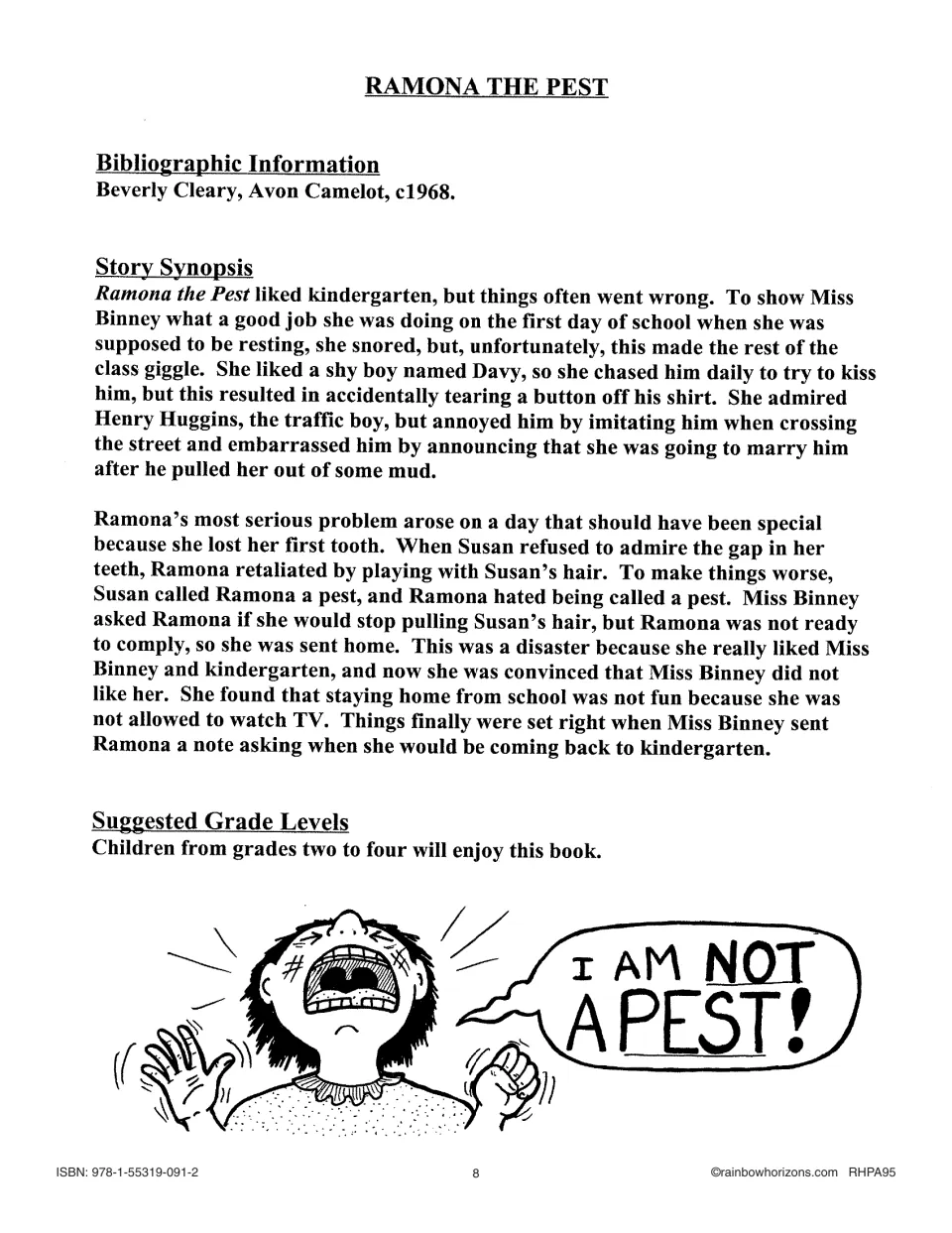 Ramona the Pest teacher reference includes publication details, a kindergarten story synopsis, and grade guidance
