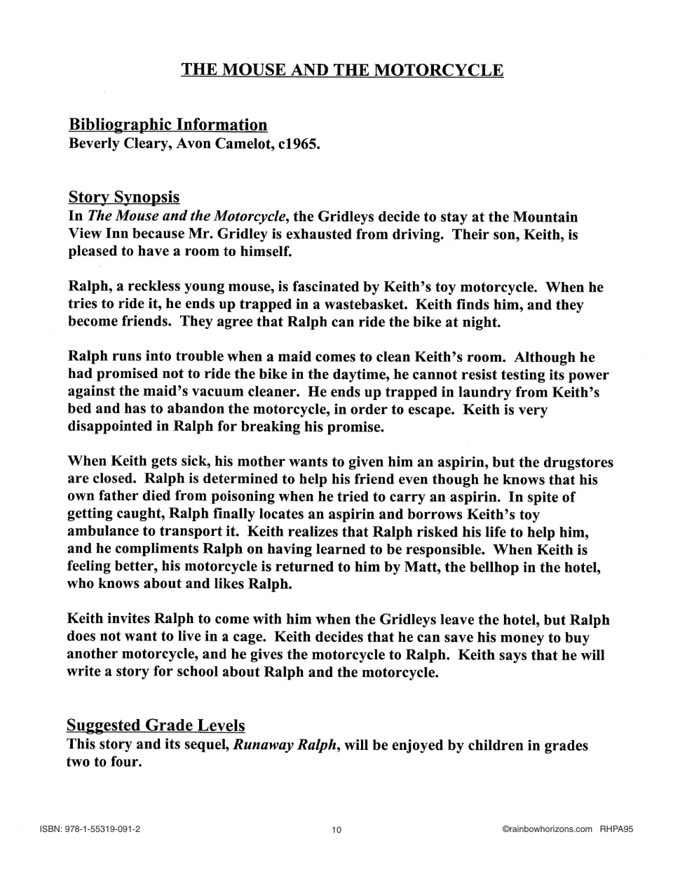 The Mouse and the Motorcycle teacher synopsis follows Ralph and Keith's friendship, with publication details