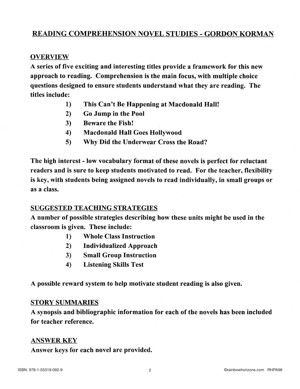 Novel-study overview lists five Gordon Korman titles, teaching approaches, story summaries, and answer keys.