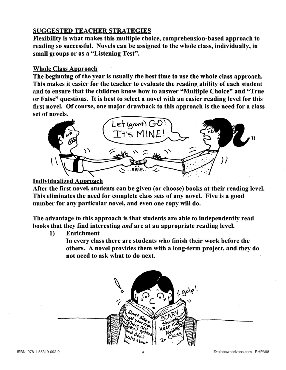 Novel-study teaching strategies explain whole-class reading, individualized book choices, and enrichment.