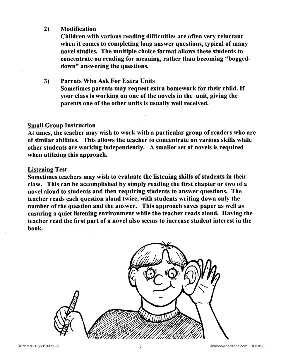 Novel-study strategies cover reading modifications, extra homework, small-group instruction, and listening tests.