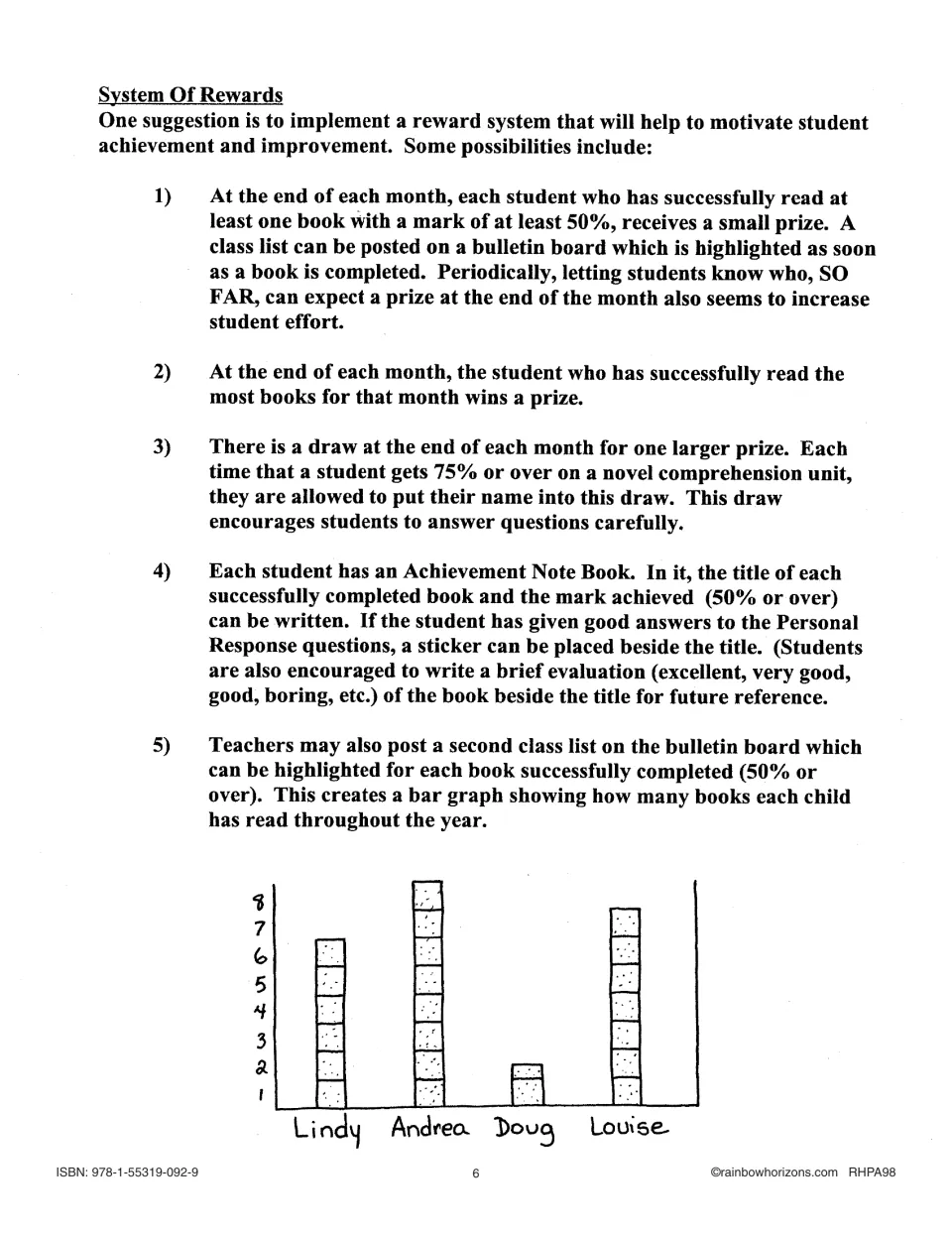 Five novel-study reward suggestions include monthly prizes, a drawing, achievement notebooks, and reading charts.