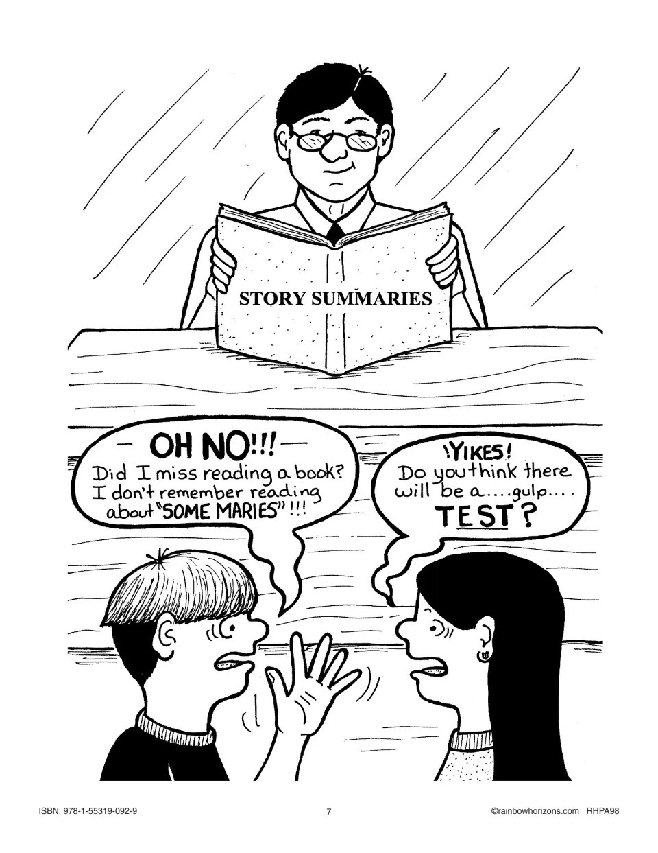 Story summaries section divider introduces the teacher-reference synopses for the Gordon Korman novel studies.