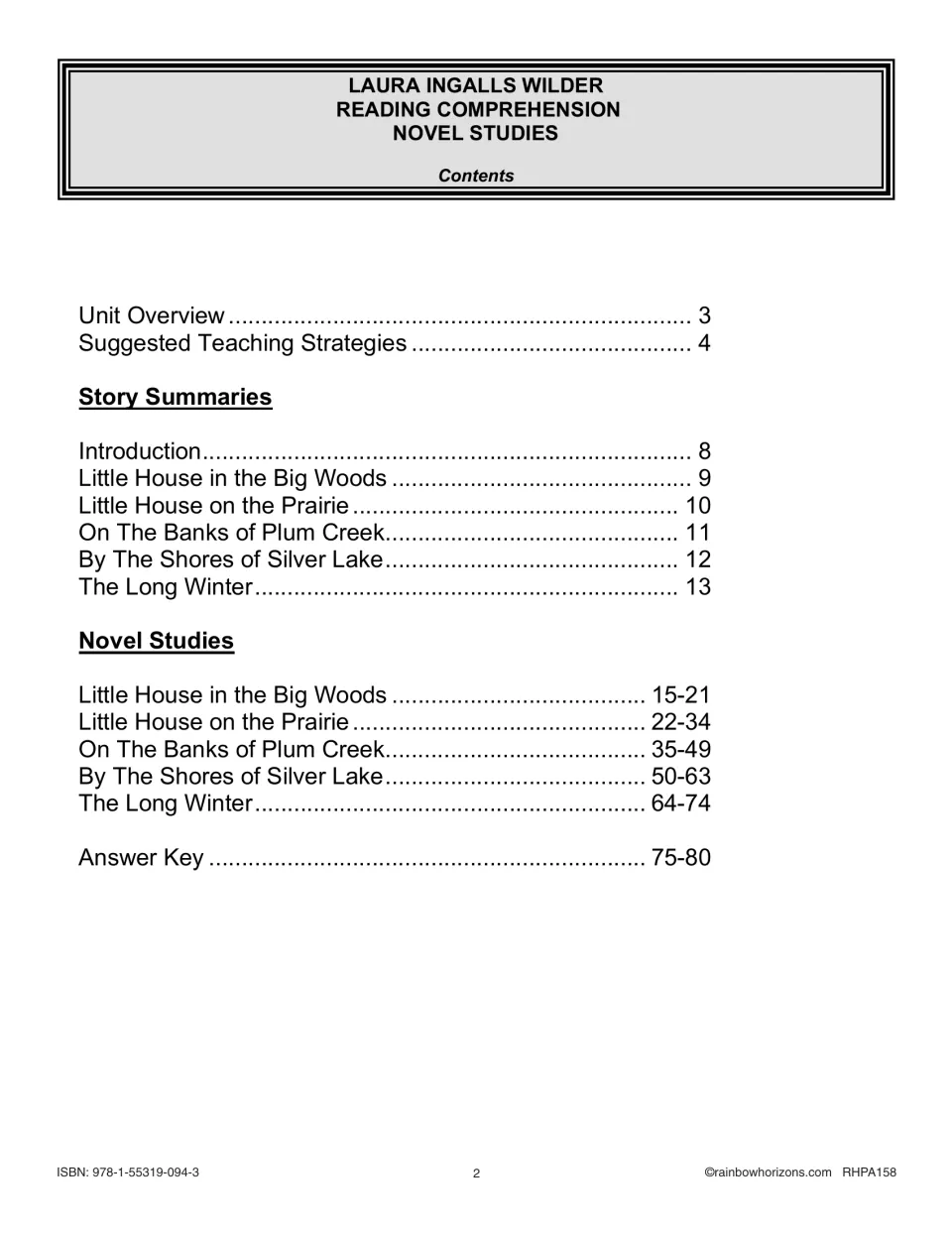 Table of contents listing unit overview, teaching strategies, five story summaries, novel studies and answer key