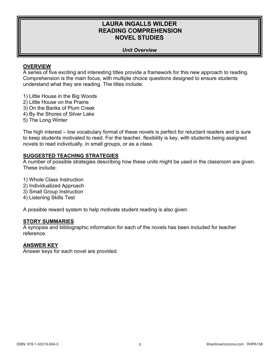 Unit overview naming the five Little House titles, four teaching strategies, story summaries and answer keys