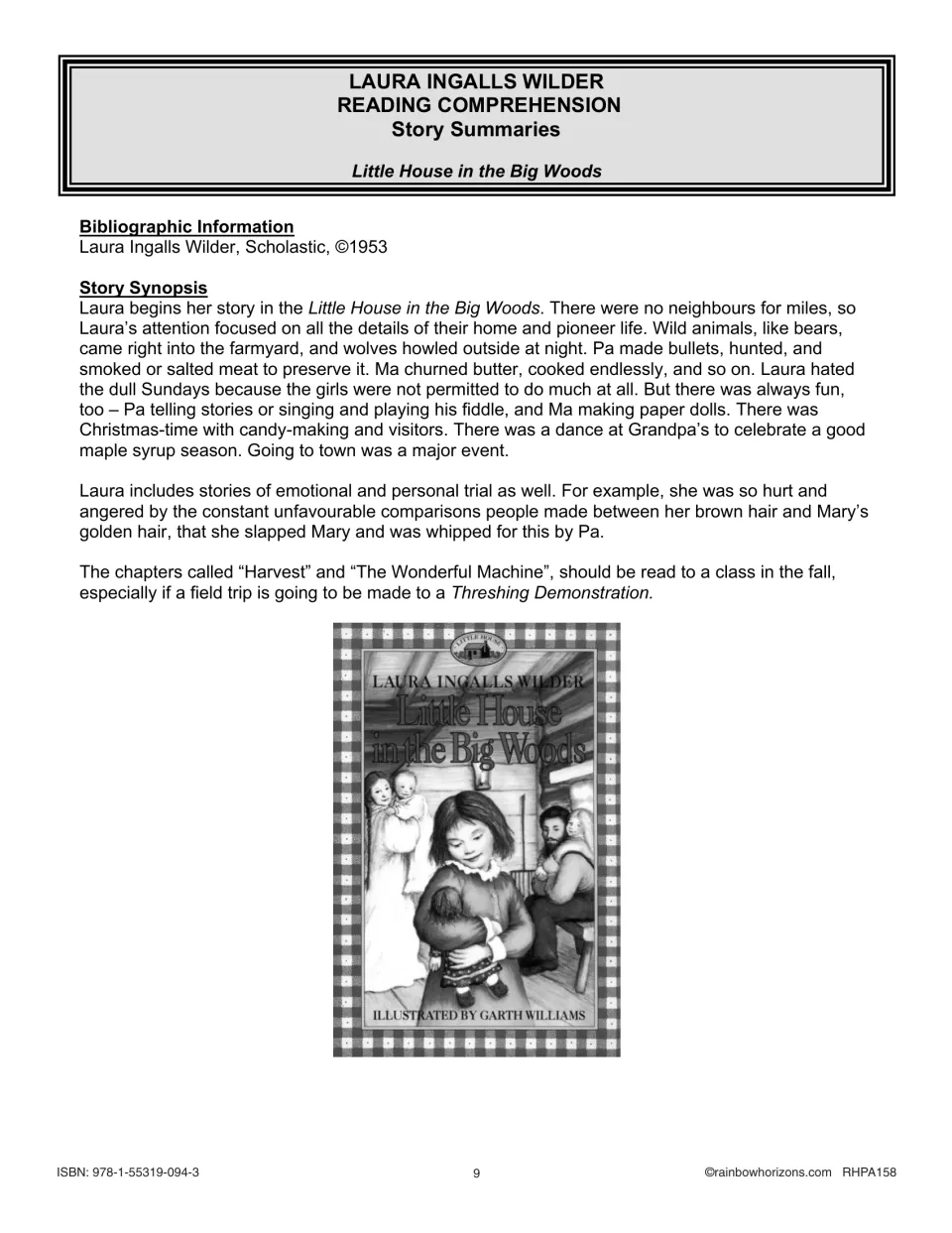 Little House in the Big Woods summary: bibliographic info and synopsis of pioneer life, with the book's cover