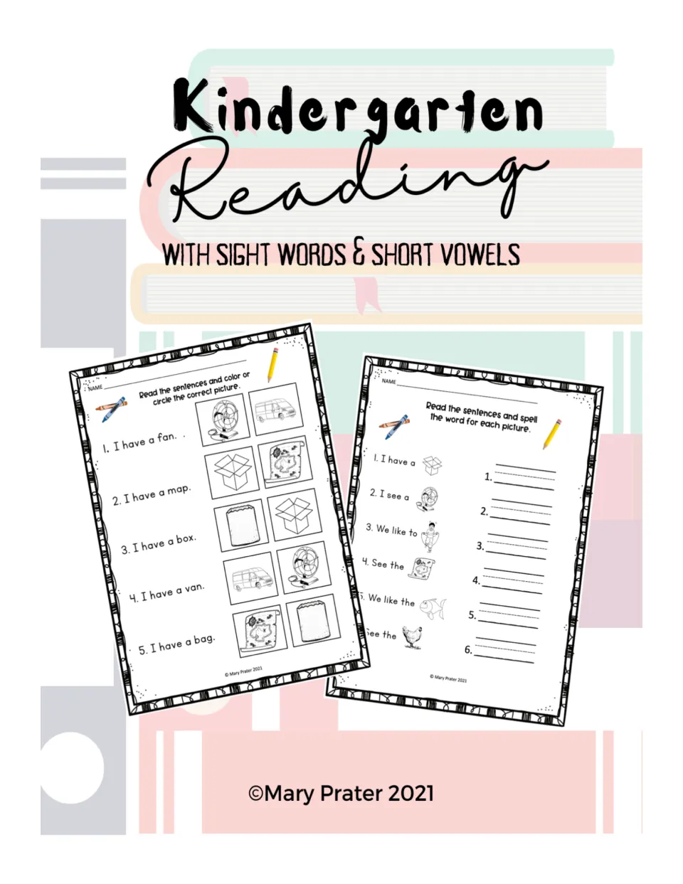 Cover for Reading With Sight Words & Short Vowels, previewing two sheets: sentence-picture matching and spelling words