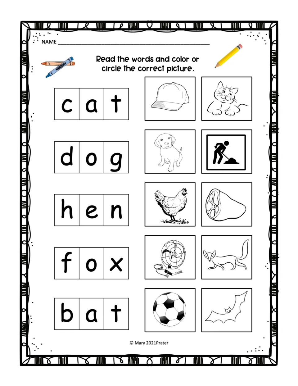 Reading CVC words: students read cat, dog, hen, fox and bat and color or circle the matching picture from two choices