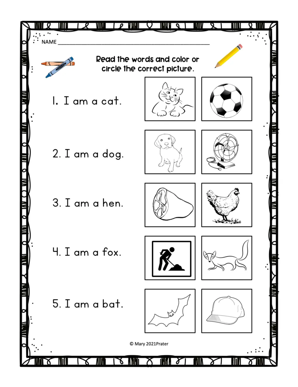 Sentence reading with 'I am a': students read sentences about a cat, dog, hen, fox and bat and circle the right picture