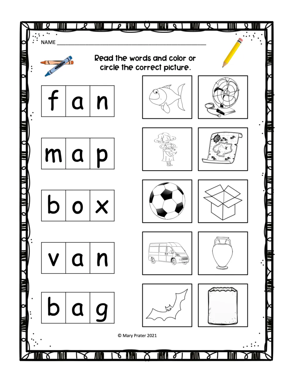 Short a and o decoding: students read fan, map, box, van and bag, then color or circle each matching picture