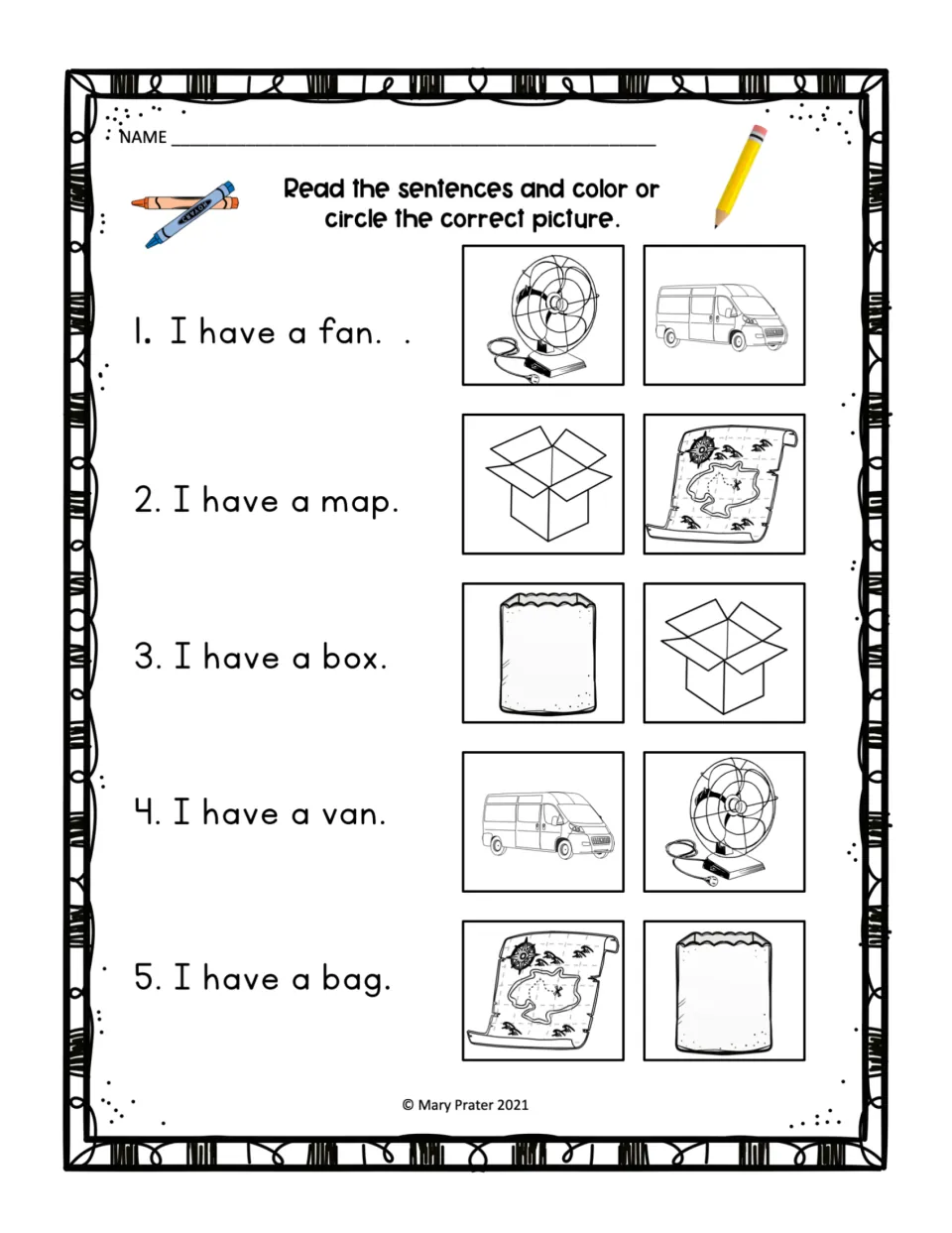 Sight word sentences with 'I have a': students read about a fan, map, box, van and bag and circle the correct picture
