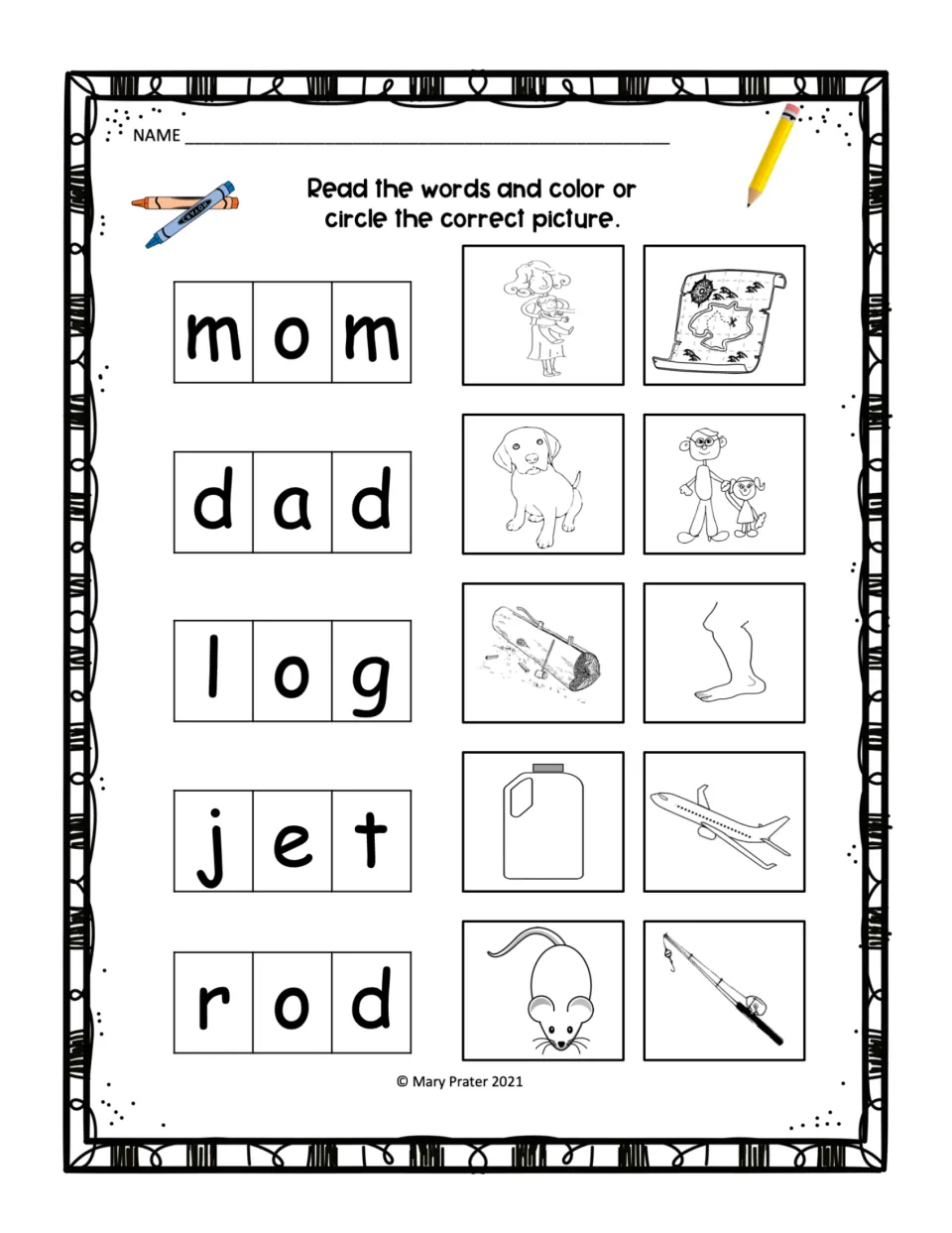 Mixed short vowel words: students read mom, dad, log, jet and rod and choose the matching picture from two options