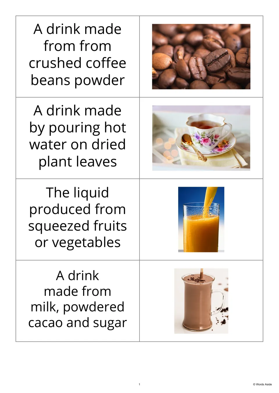 Definition-first vocabulary flashcards 1–4 pair descriptions of coffee, tea, juice, and cocoa with images.