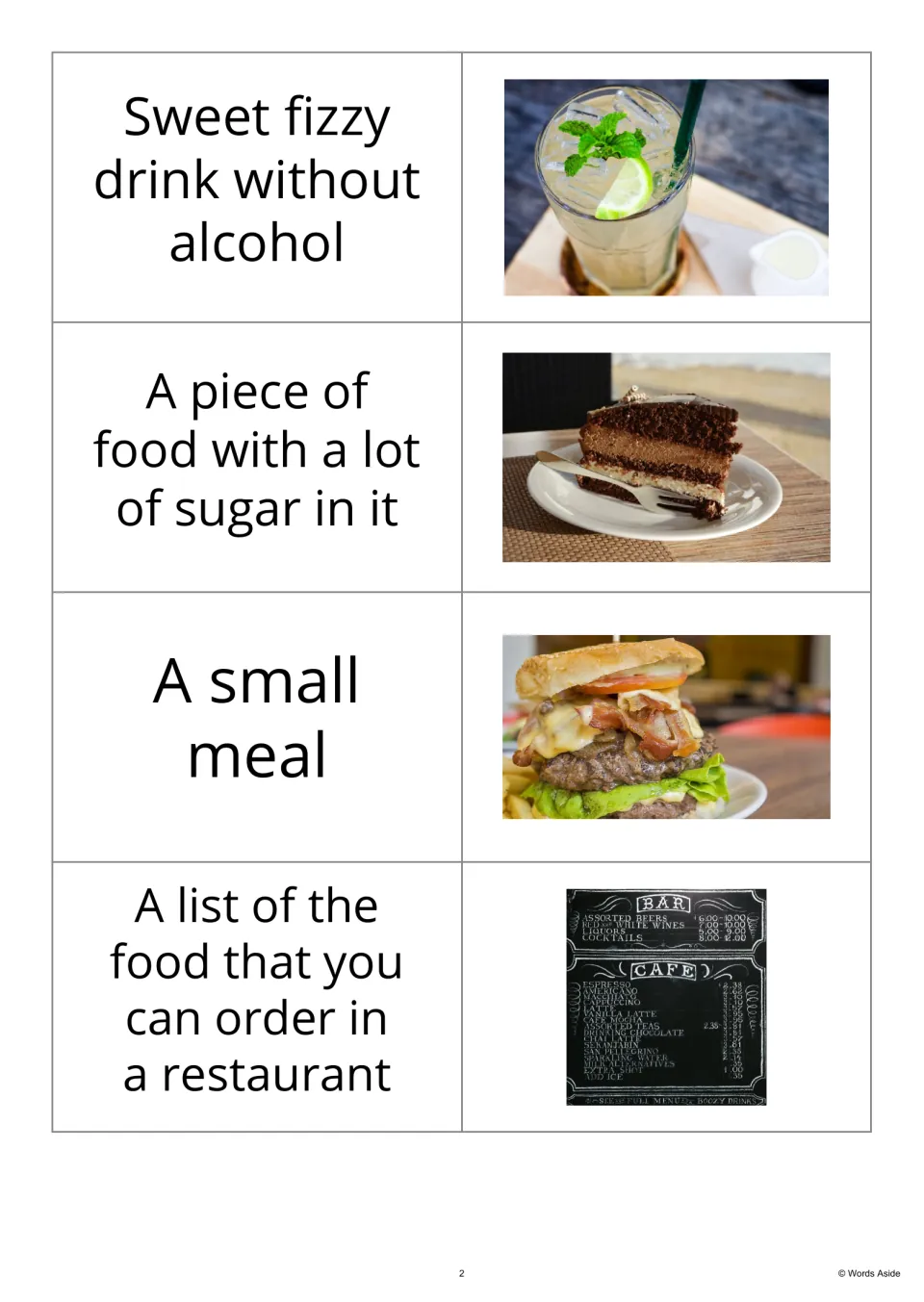 Definition-first vocabulary flashcards 5–8 show a fizzy drink, sugary food, a small meal, and a menu.