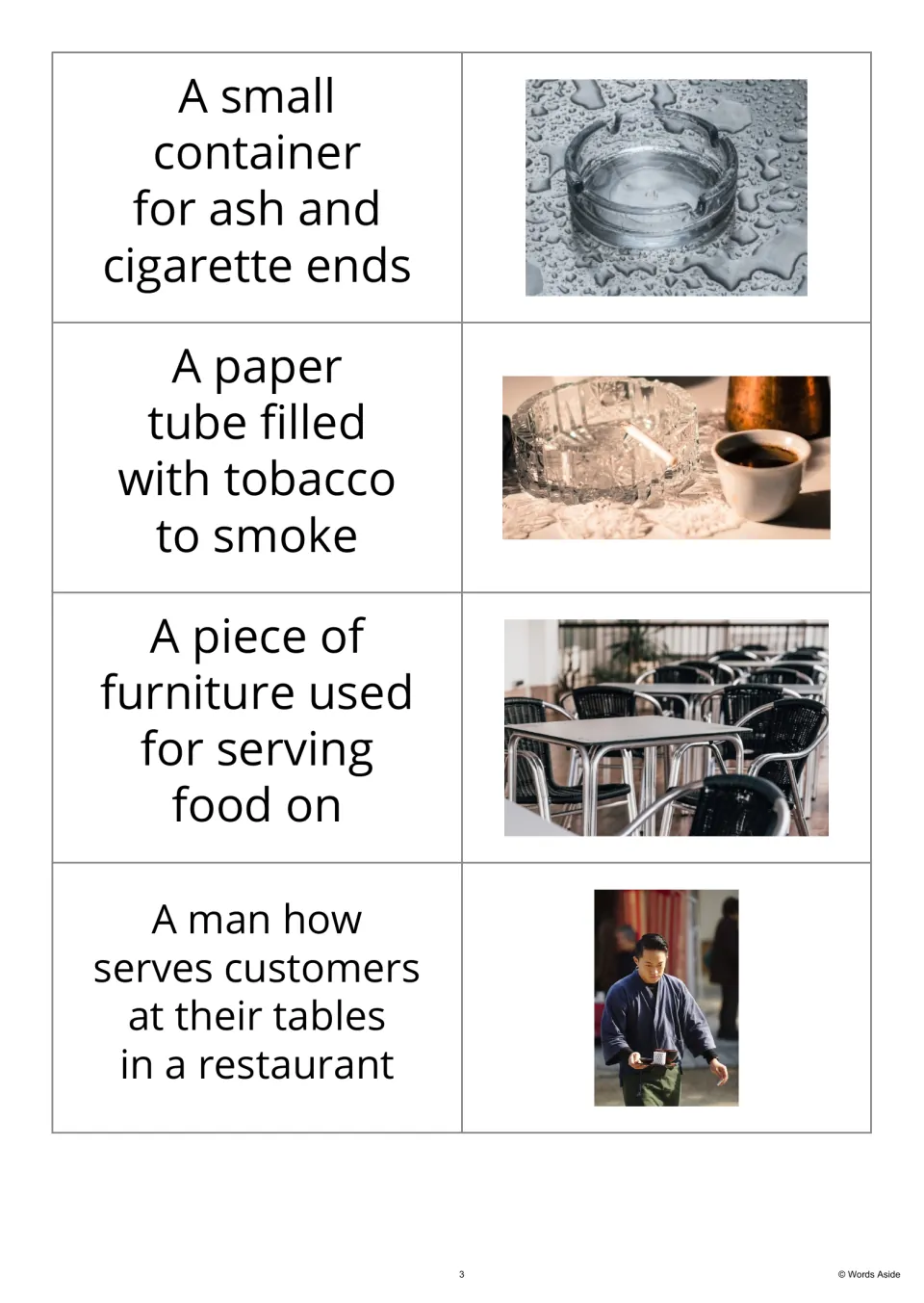 Definition-first vocabulary flashcards 9–12 pair descriptions of an ashtray, cigarette, table, and waiter.