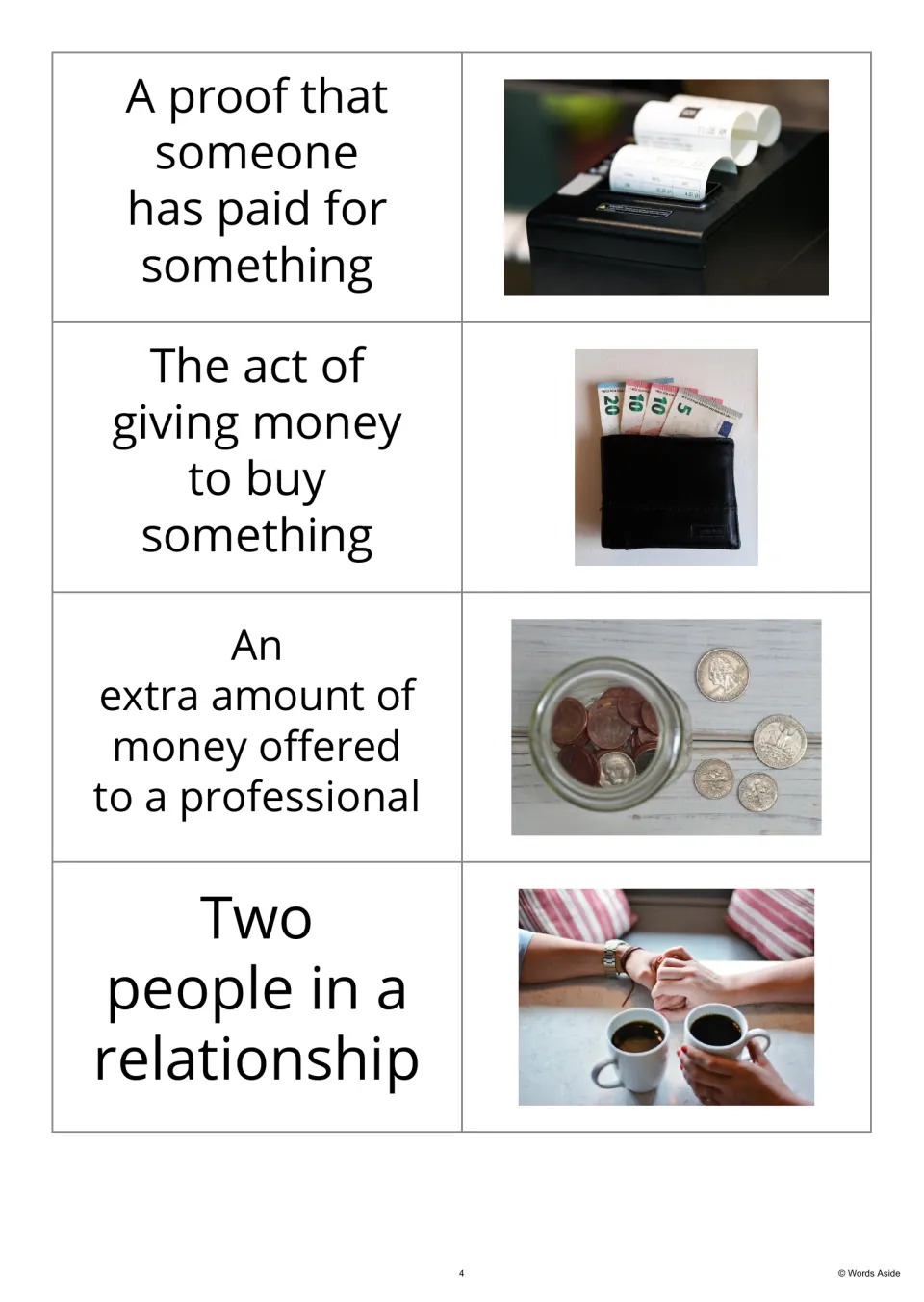 Definition-first vocabulary flashcards 13–16 pair descriptions of a receipt, payment, tip, and couple.
