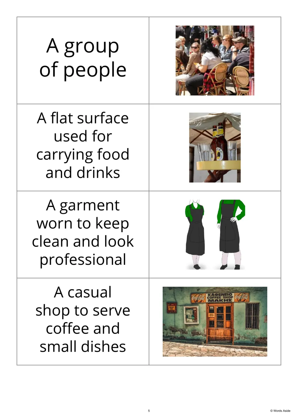 Definition-first vocabulary flashcards 17–20 show a group of people, serving tray, aprons, and coffee shop.