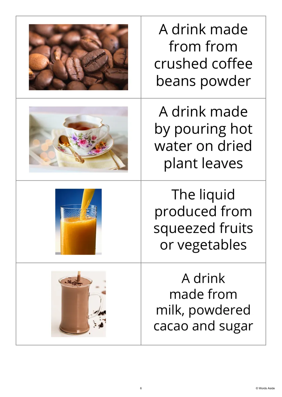 Image-first vocabulary flashcards 1–4 pair coffee beans, tea, juice, and a cocoa drink with definitions.