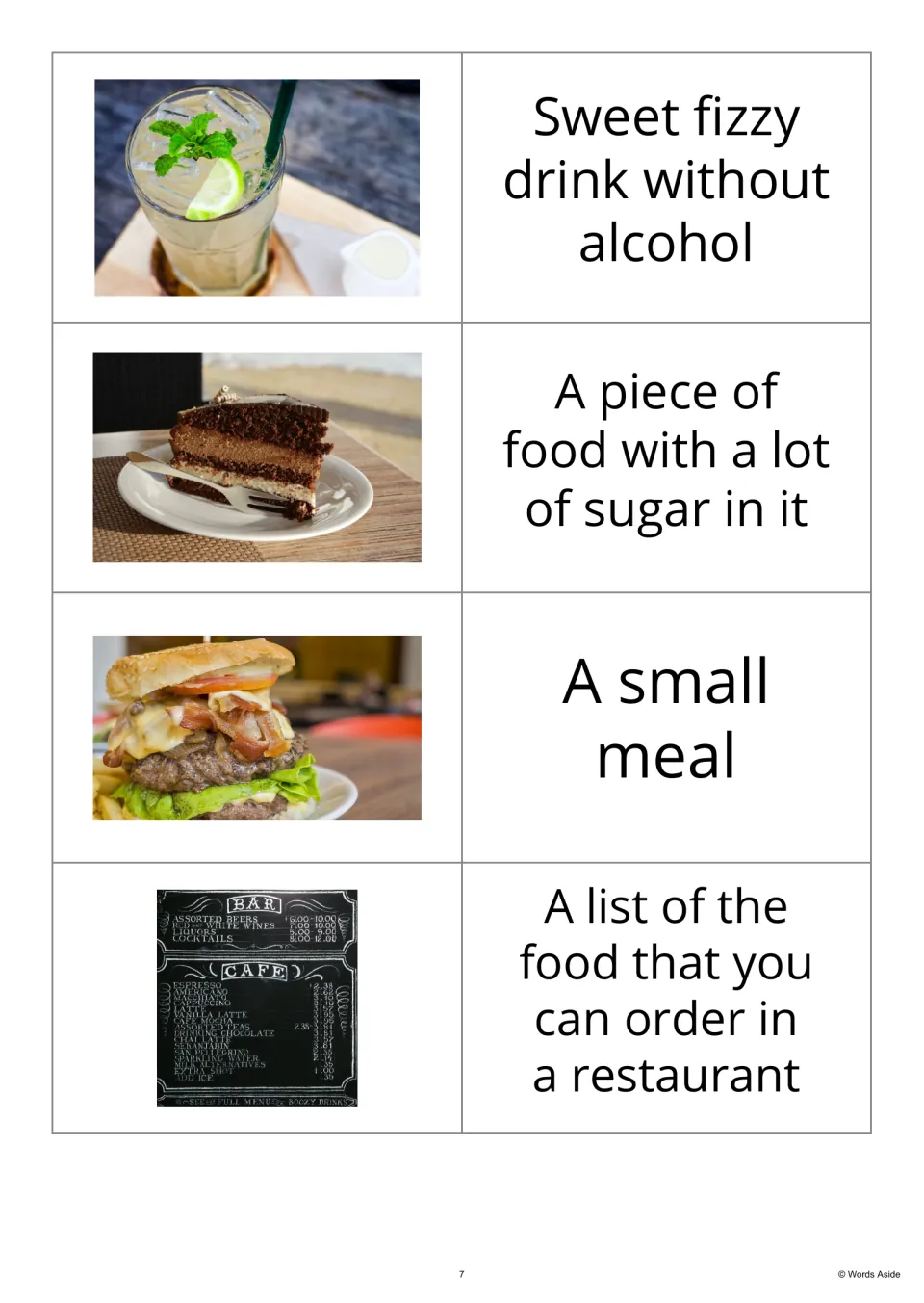 Image-first vocabulary flashcards 5–8 pair a fizzy drink, cake, burger, and menu with their definitions.