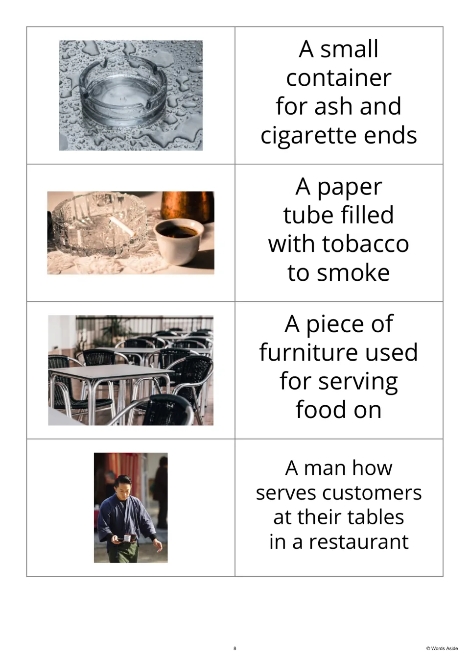 Image-first vocabulary flashcards 9–12 show an ashtray, cigarette, cafe tables, and waiter beside definitions.