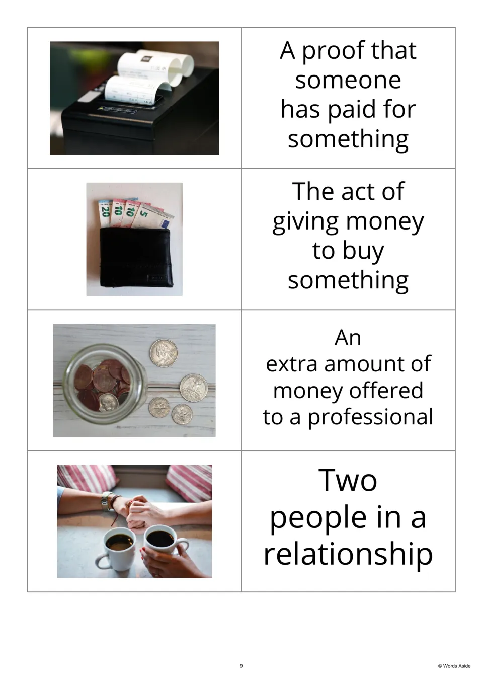 Image-first vocabulary flashcards 13–16 pair receipt, money, coins, and couple images with definitions.