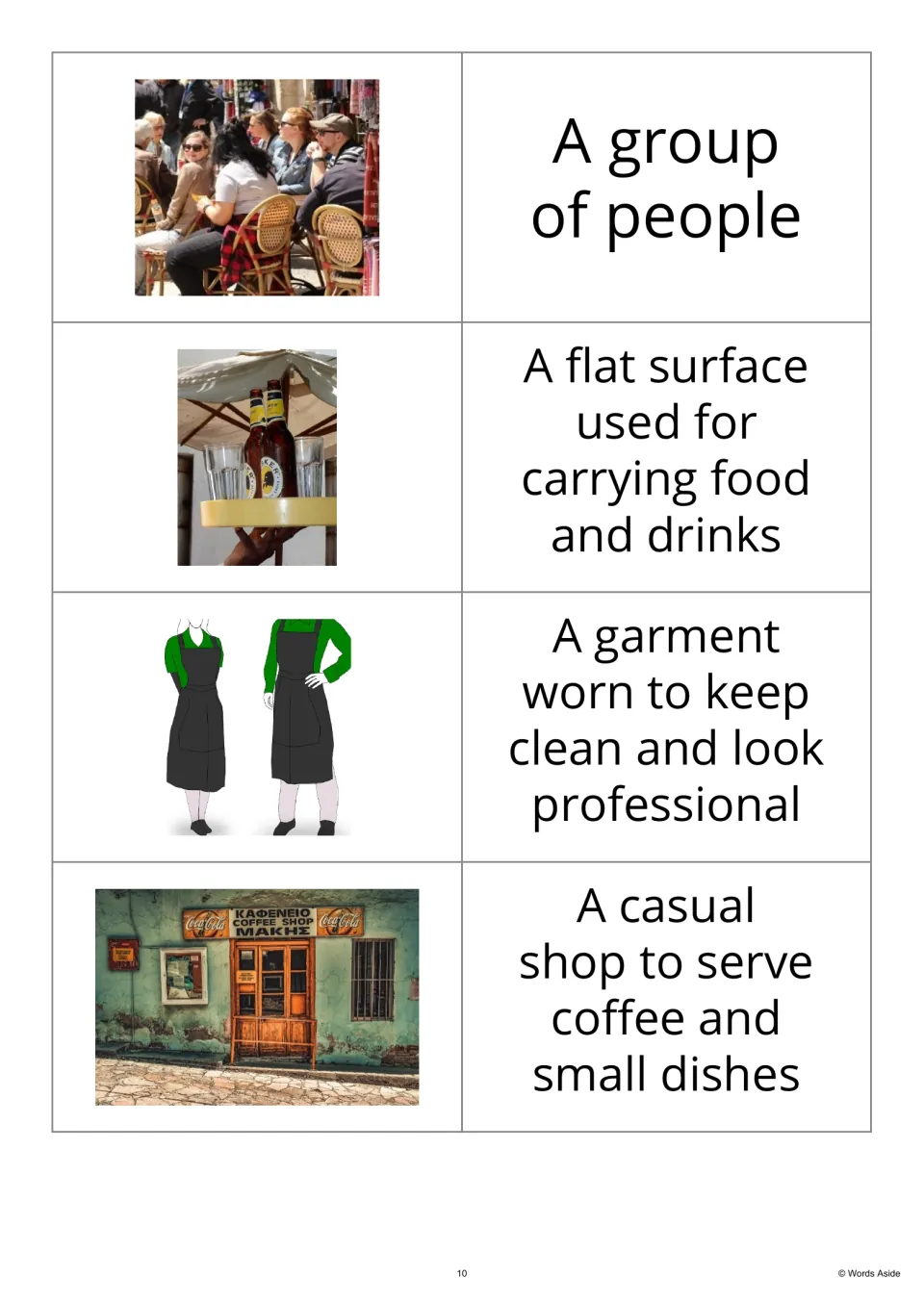 Image-first vocabulary flashcards 17–20 pair a group, serving tray, aprons, and coffee shop with definitions.