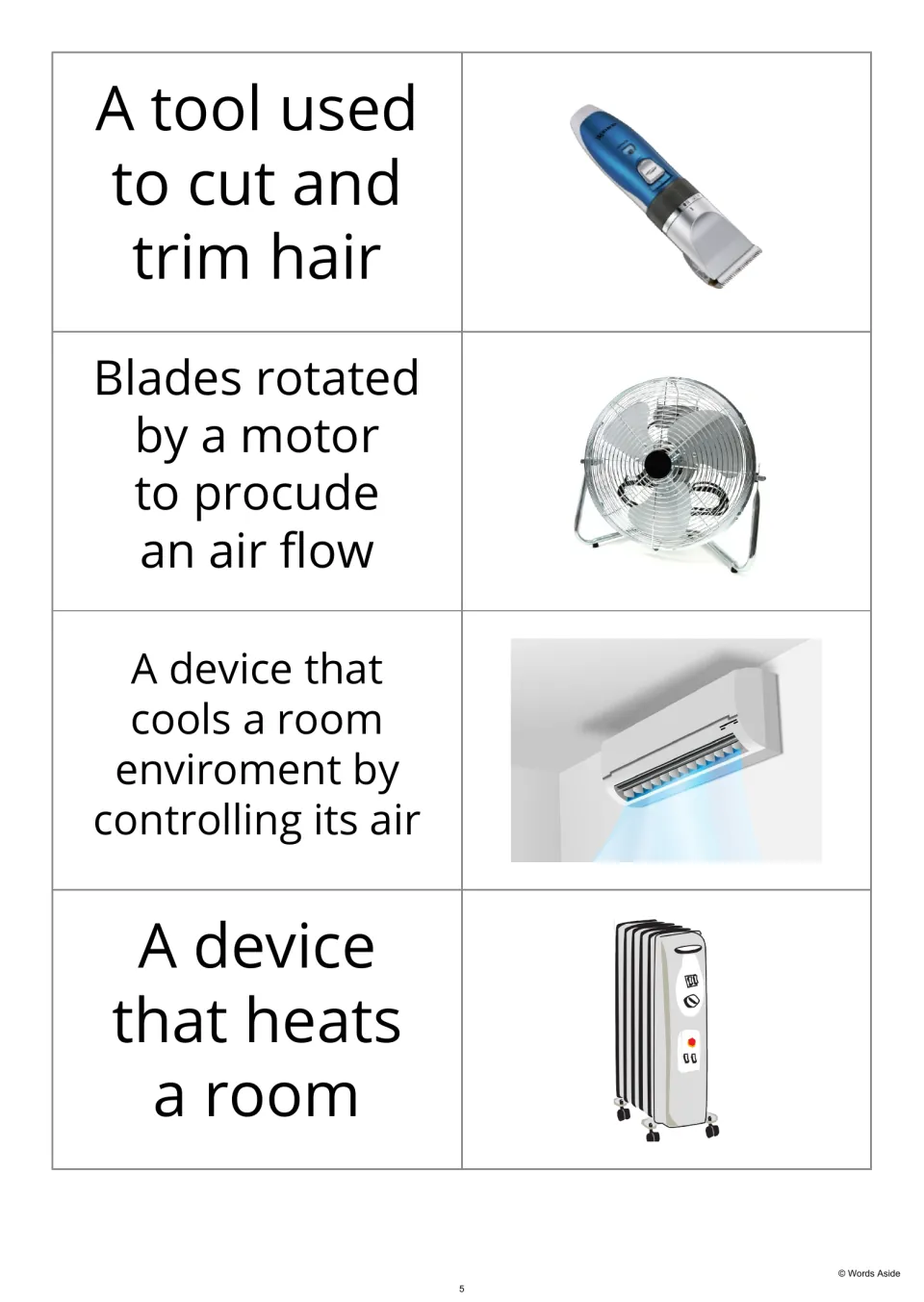 Definition-first flashcards 17–20 show hair clippers, a fan, an air conditioner, and a heater with definitions.