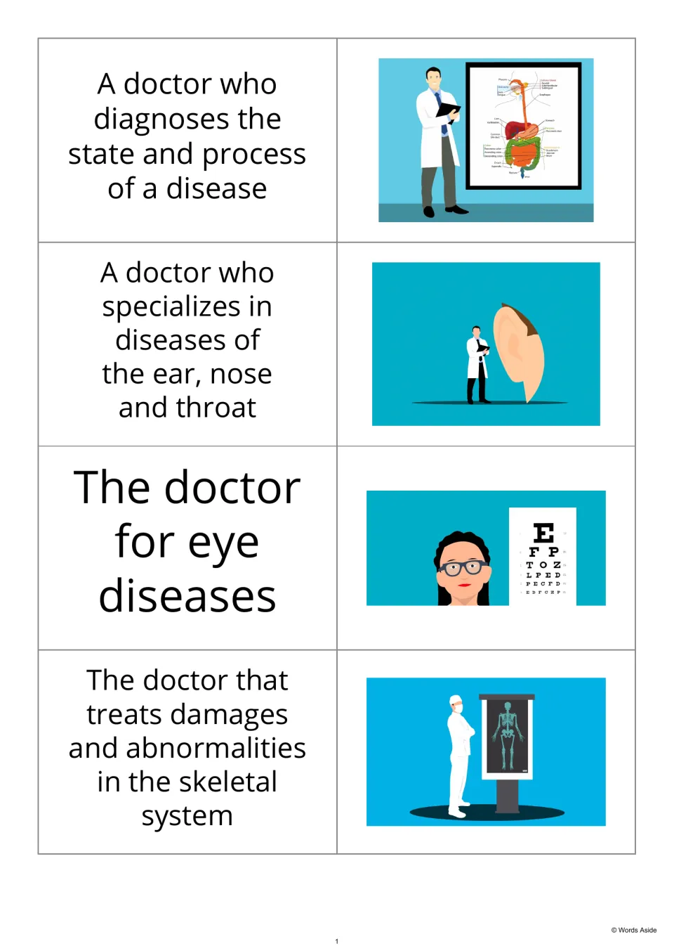 Definition-first flashcards 1–4 describe doctors for disease diagnosis, ear, nose and throat, eyes, and bones.