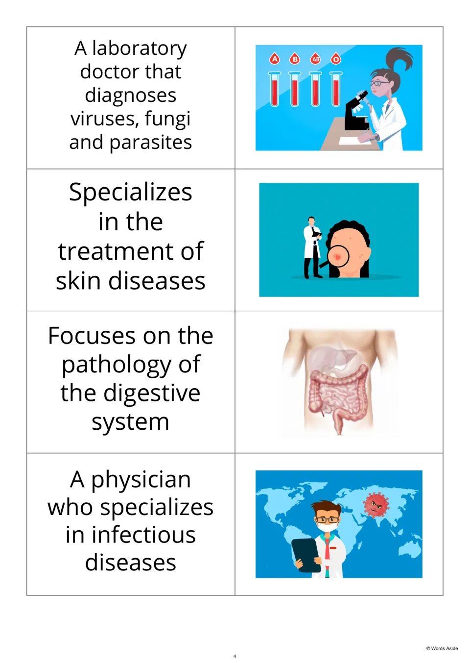 Definition-first flashcards 13–16 cover laboratory diagnosis, skin diseases, digestion, and infectious diseases.