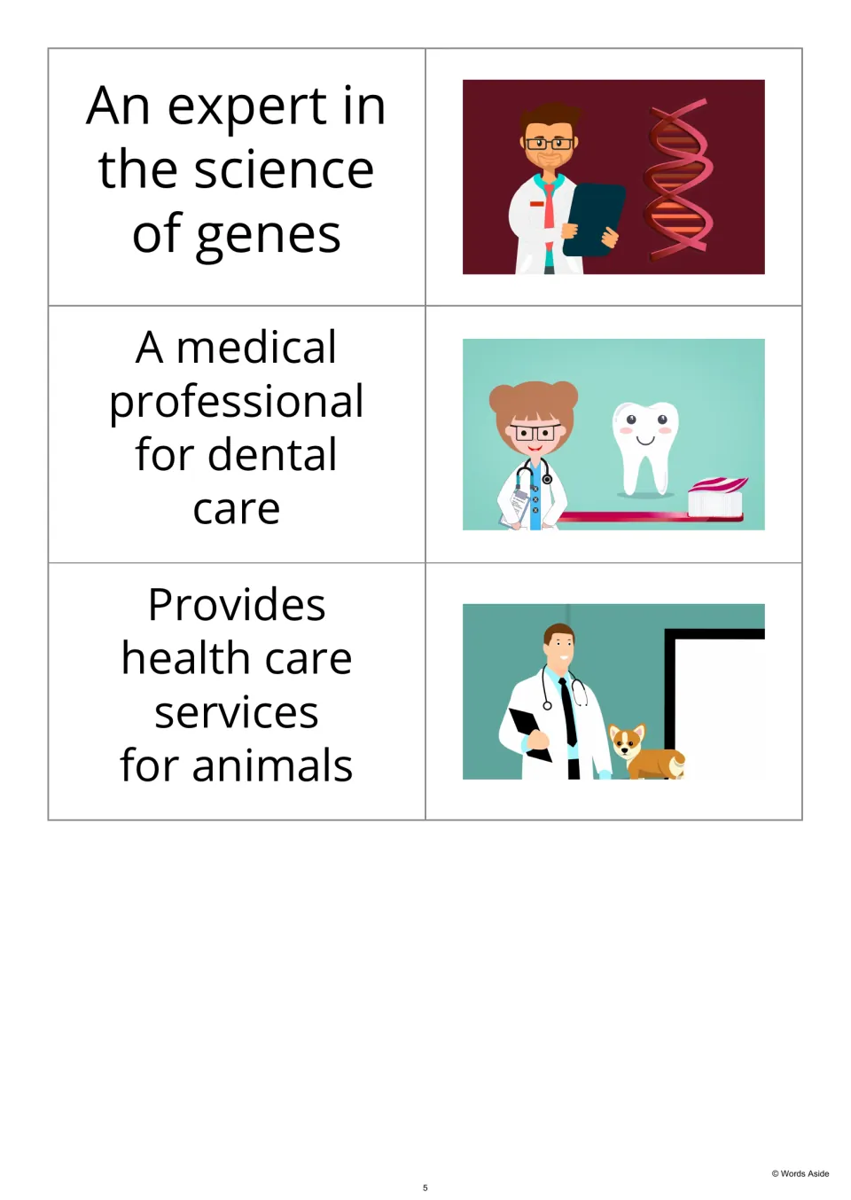 Definition-first flashcards 17–19 describe an expert in genes, a dental professional, and animal health care.