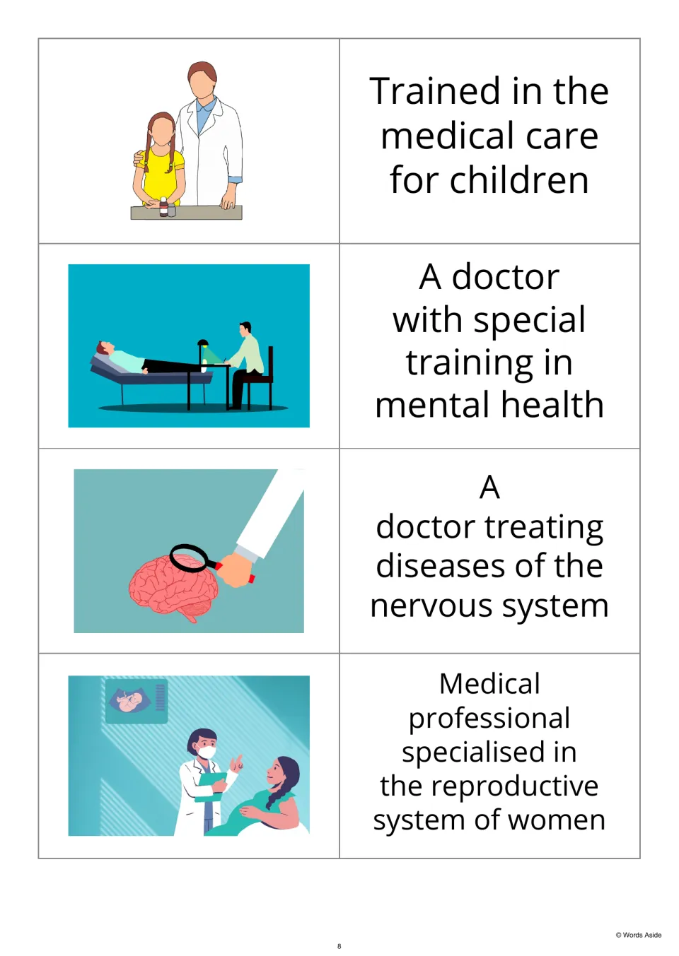 Picture-first flashcards 9–12 cover children's care, mental health, nerves, and women's reproductive health.