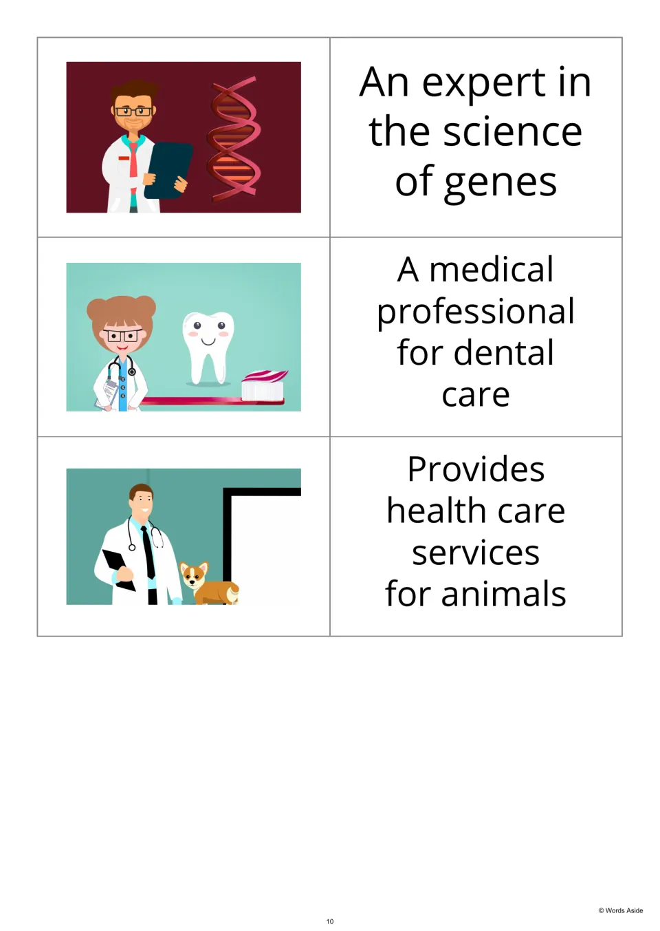 Picture-first flashcards 17–19 pair DNA, tooth and toothbrush, and veterinarian pictures with definitions.
